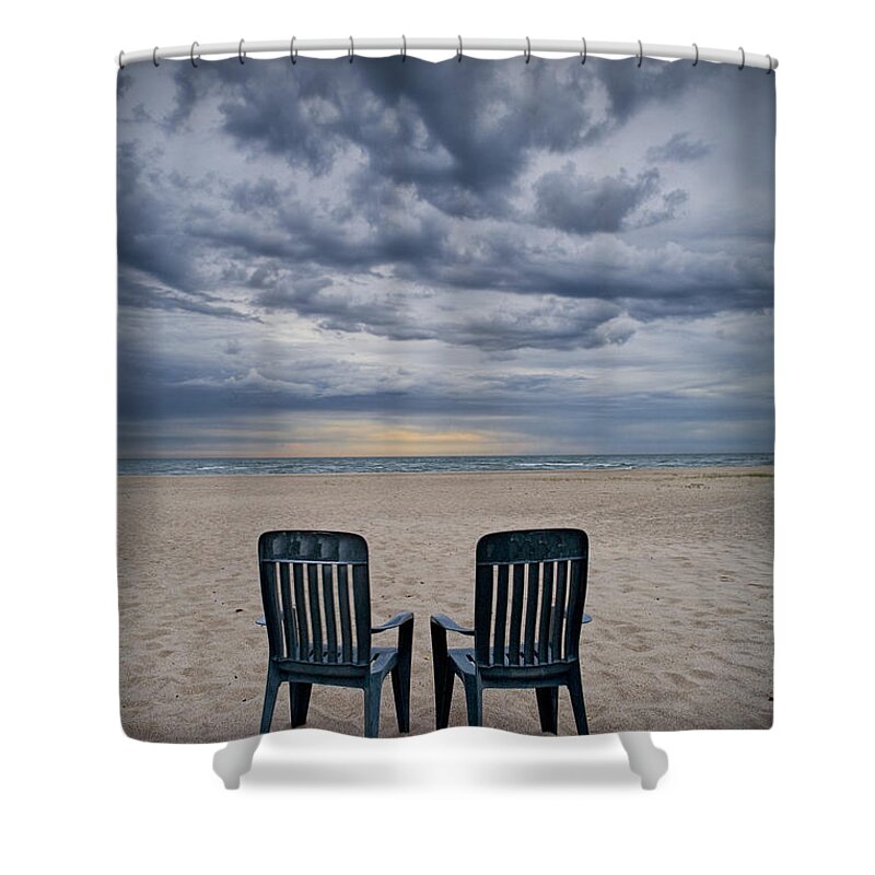 Art Shower Curtain featuring the photograph Two Deck Chairs at Sunrise on the Beach by Randall Nyhof