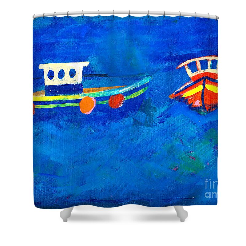 Painting Shower Curtain featuring the painting Two fishing boats at sea by Simon Bratt