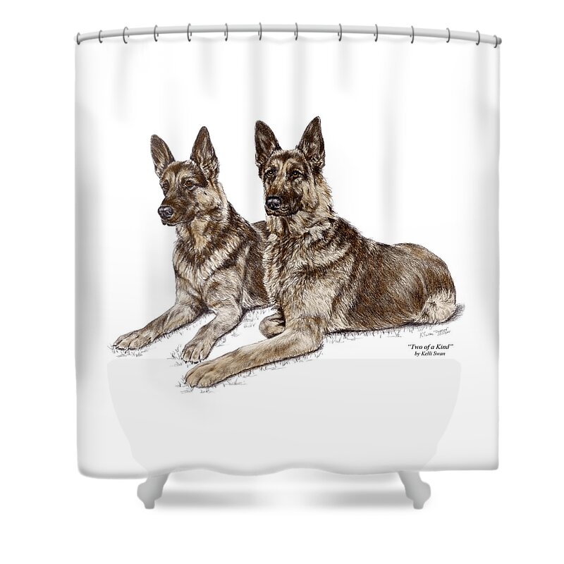German Shower Curtain featuring the drawing Two of a Kind - German Shepherd Dogs Print color tinted by Kelli Swan