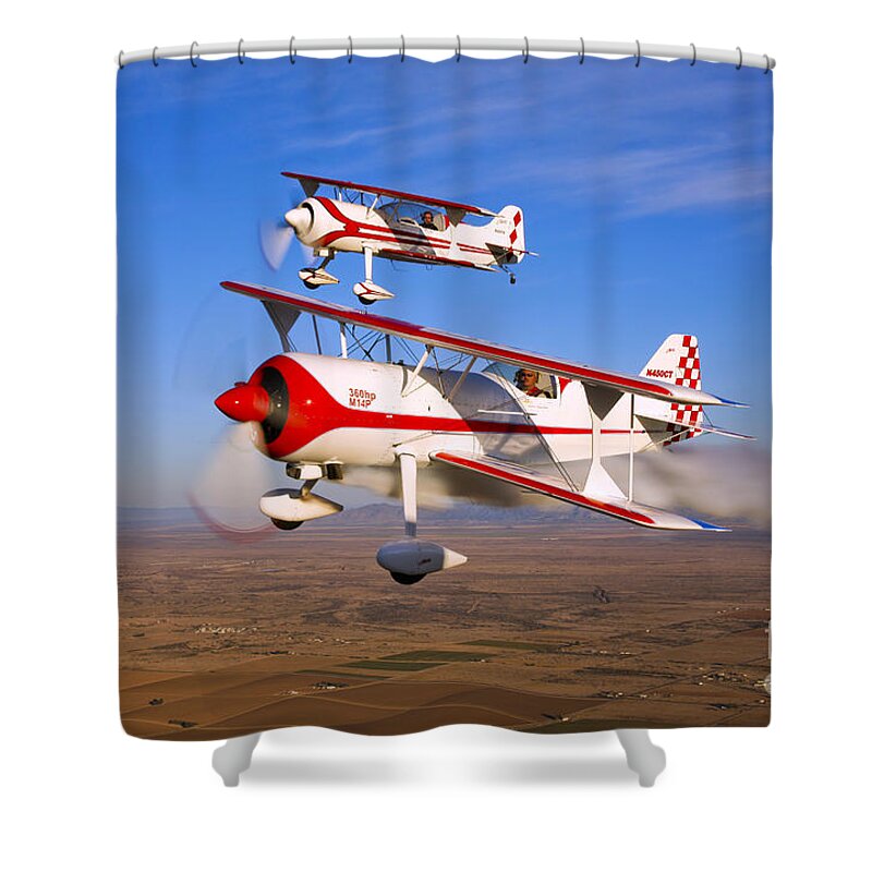 Transportation Shower Curtain featuring the photograph Two Pitts Model 12 Aircraft In Flight by Scott Germain