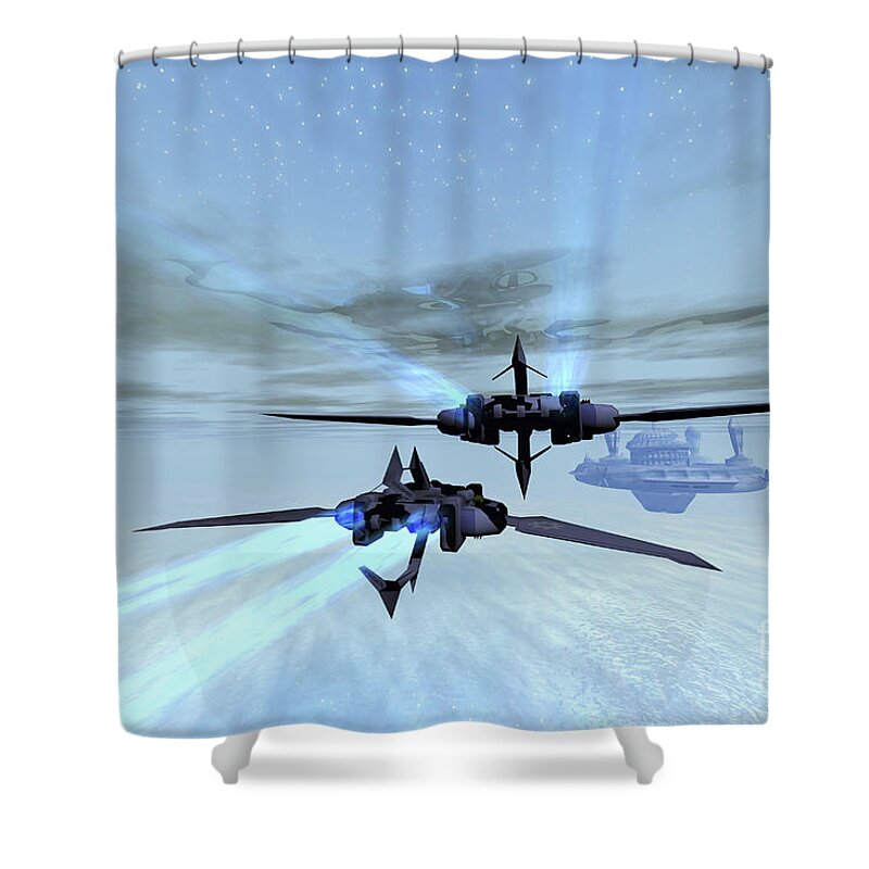 Space Art Shower Curtain featuring the digital art Two Spacecraft Fly Back To Their Space by Corey Ford