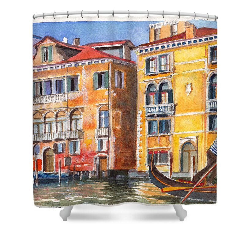 Venice Shower Curtain featuring the painting Veneto Gondolier on the Grand Canal in Venice Italy by Dai Wynn