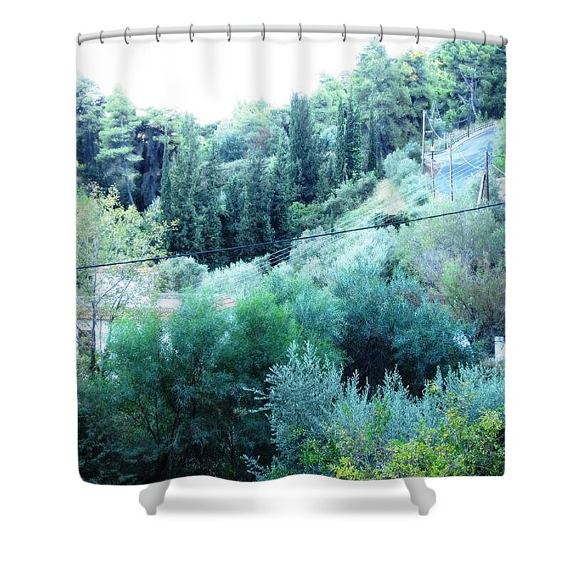 Olympia Shower Curtain featuring the photograph View of Green Little Forest of Trees and Winding Road in A Village in Olympia Greece by John Shiron