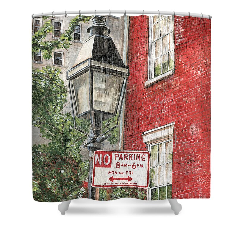 Nyc Shower Curtain featuring the painting Village Lamplight by Debbie DeWitt