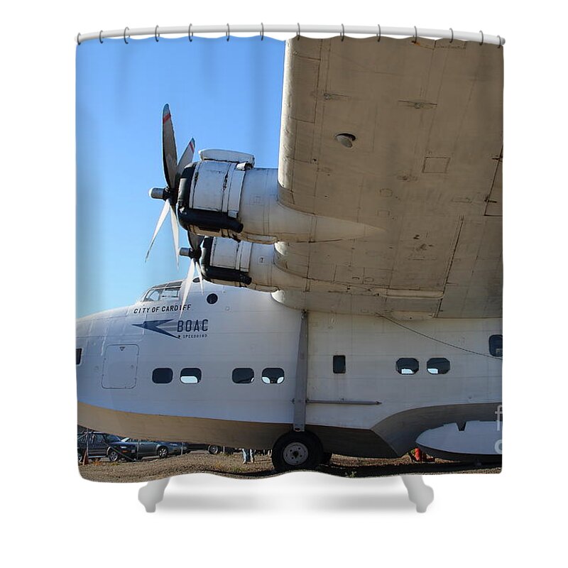 Airplane Shower Curtain featuring the photograph Vintage BOAC British Overseas Airways Corporation Speedbird Flying Boat . 7D11291 by Wingsdomain Art and Photography