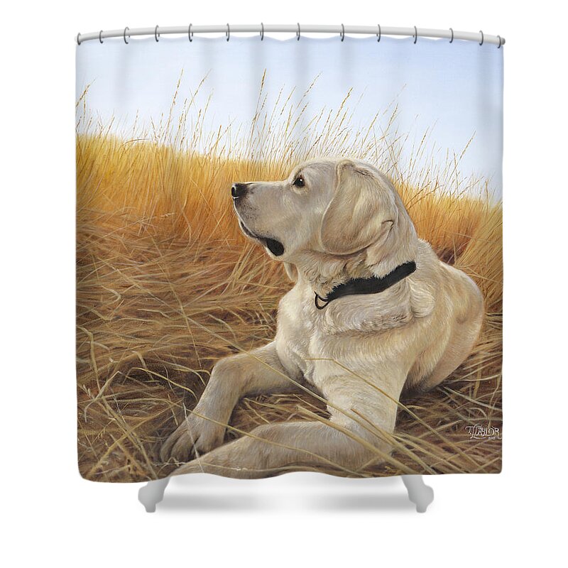 Yellow Lab Shower Curtain featuring the painting Waiting For The Birds by Tammy Taylor