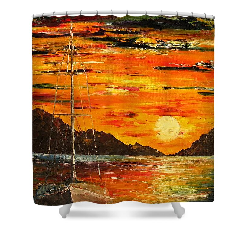 Boat Shower Curtain featuring the painting Waiting for the sunrise by Amalia Suruceanu