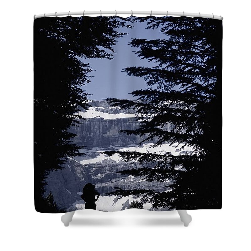 Woman Shower Curtain featuring the photograph Walker Climbing Up Hill Between Trees by Axiom Photographic
