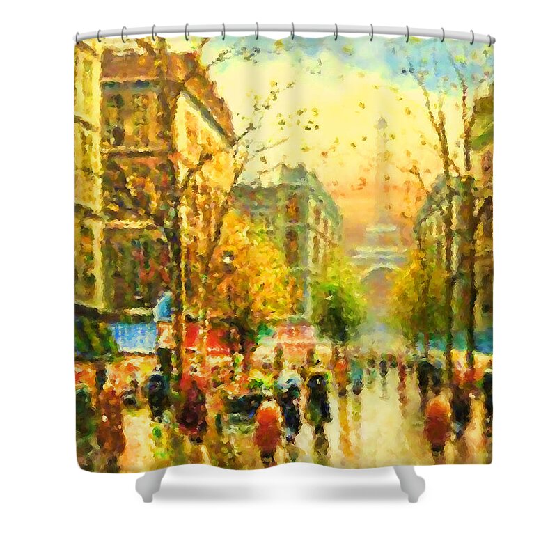 Paris Shower Curtain featuring the painting Walking In The Rain by Georgiana Romanovna