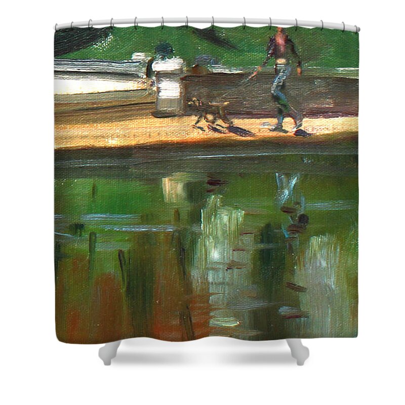 Walkin The Dog Shower Curtain featuring the painting Walking the Dog by Ylli Haruni