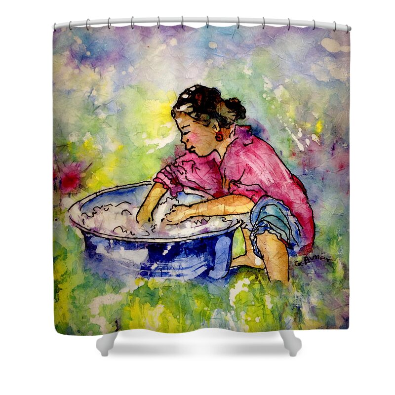 Sky Shower Curtain featuring the painting Washerwoman Beauty by Gloria Avner