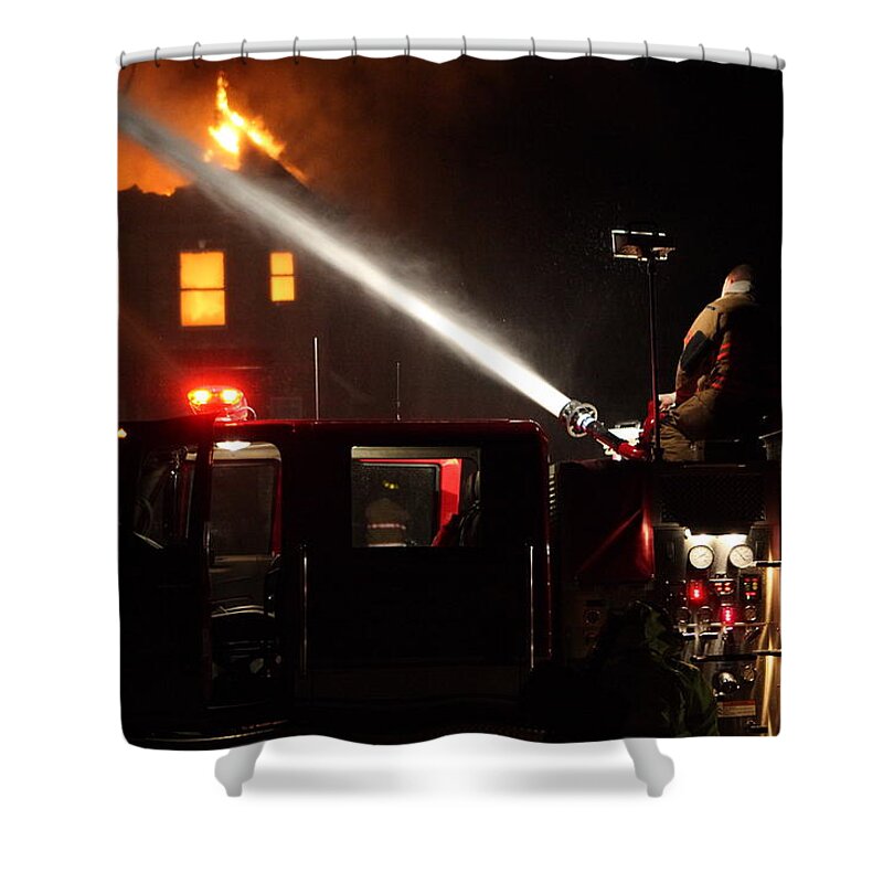 Fire Shower Curtain featuring the photograph Water On The Fire From Pumper Truck by Daniel Reed