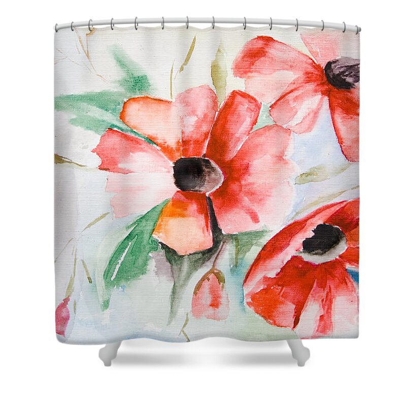 Backdrop Shower Curtain featuring the painting Watercolor Poppy flower by Regina Jershova