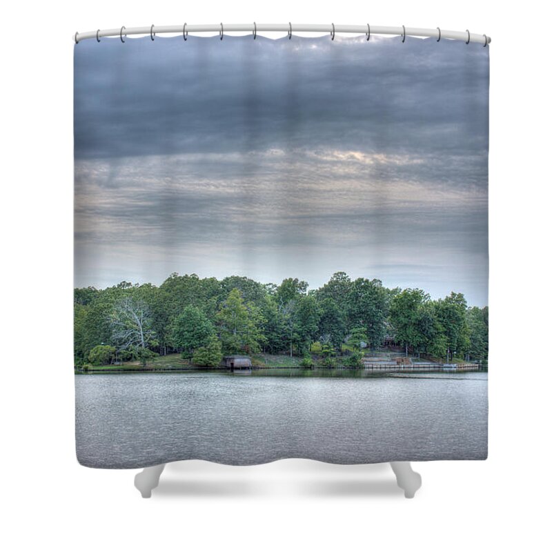 Trees Shower Curtain featuring the photograph West Bank of Lake Sunset by Barry Jones