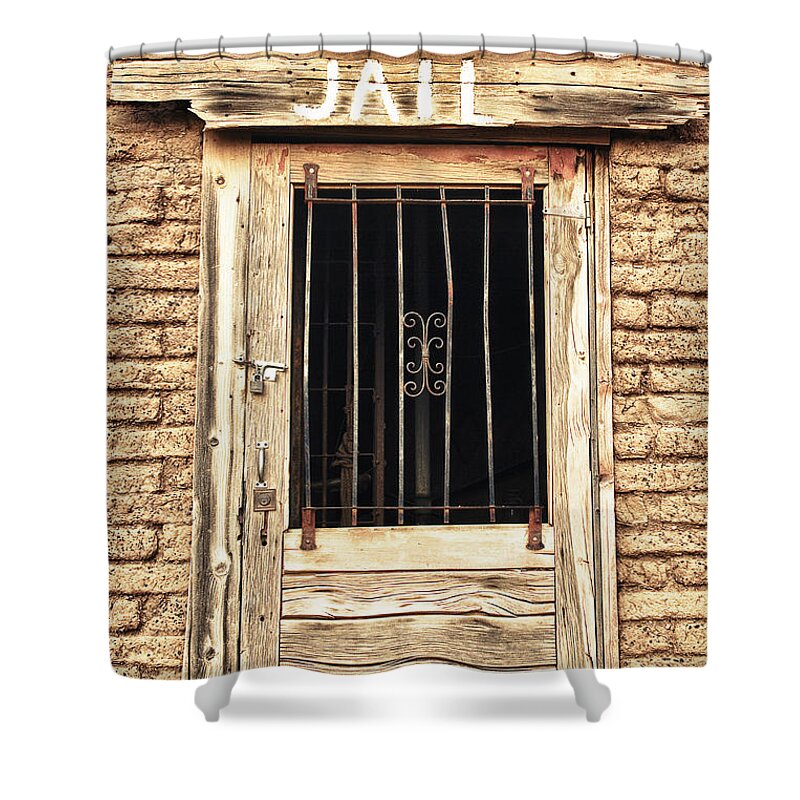 'old Jailhouse' Shower Curtain featuring the photograph Western Jail House Door by James BO Insogna