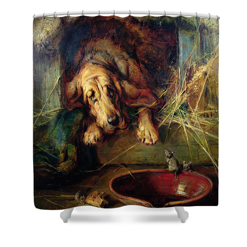 Bloodhound Shower Curtain featuring the painting When the Cat's Away the Mice Will Play by Philip Eustace Stretton