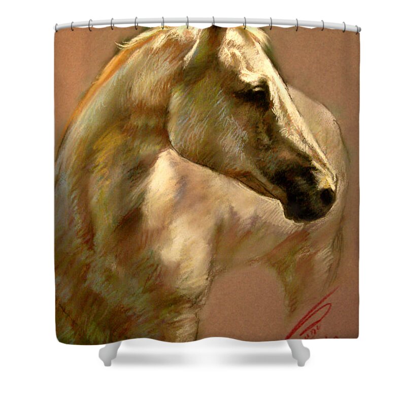 White Horse Shower Curtain featuring the pastel White Horse by Ylli Haruni