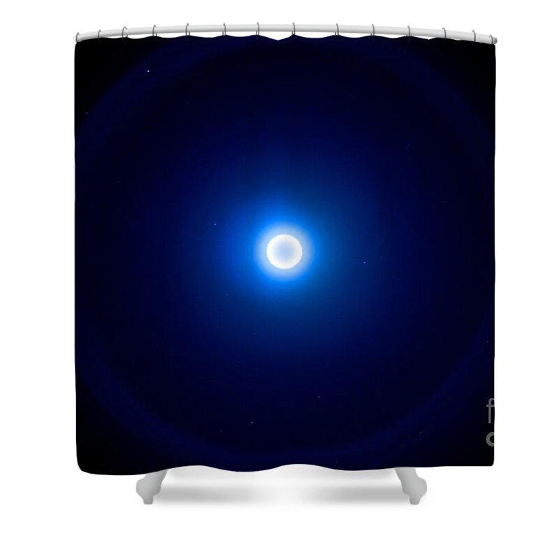 Moon Shower Curtain featuring the photograph White Moon Blue Rings by Mark Dodd
