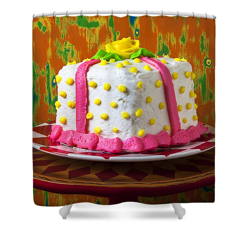 White Shower Curtain featuring the photograph White present cake by Garry Gay