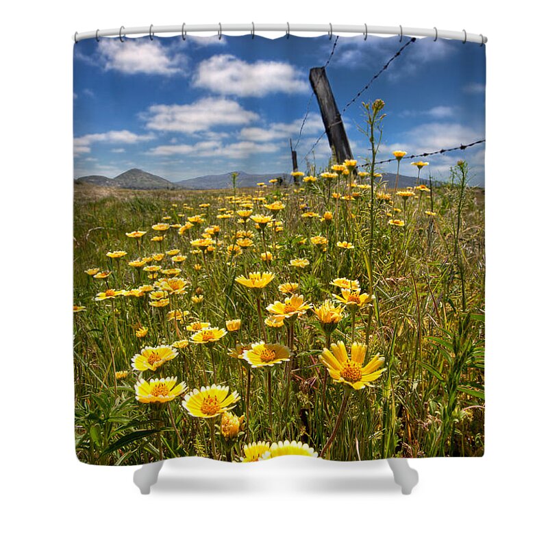 Laguna Mountains Shower Curtain featuring the photograph Wildflowers and Barbed Wire by Peter Tellone