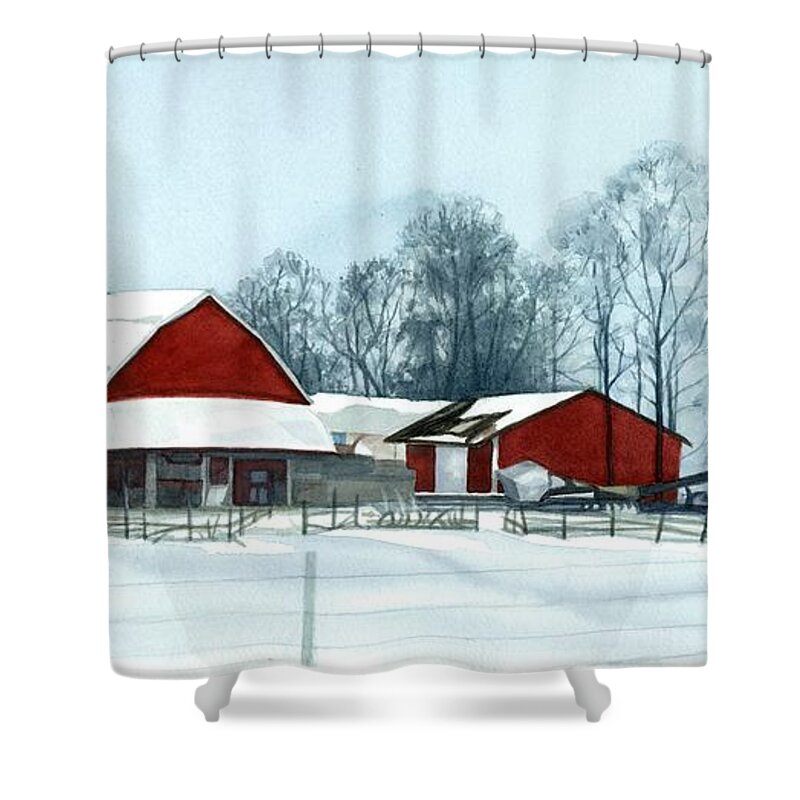 Watercolor Barns Shower Curtain featuring the painting Winter Respite in the Heartland by Barbara Jewell