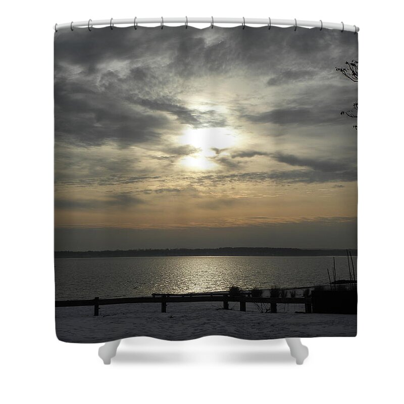 Winter Shower Curtain featuring the photograph winter sunset in Rhode Island by Kim Galluzzo Wozniak
