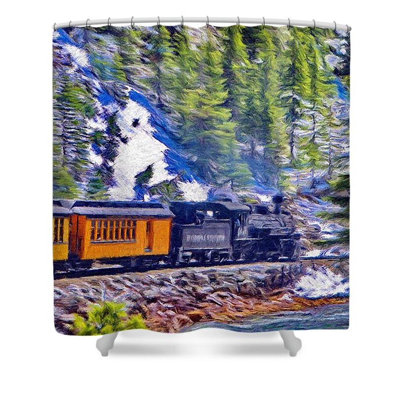 Durango Shower Curtain featuring the painting Winter Train by Jeffrey Kolker