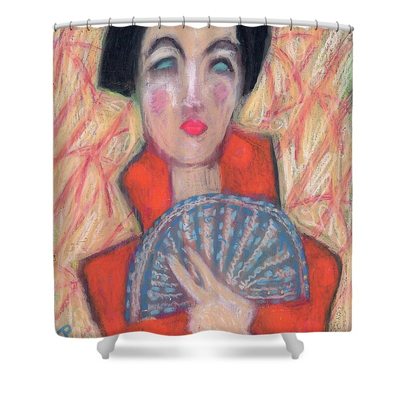 Crayon Shower Curtain featuring the painting Woman with Fan by Todd Peterson
