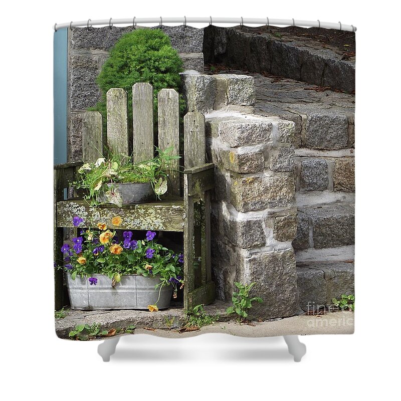 Granite Stone Steps Shower Curtain featuring the photograph Wood and Granite by Michelle Welles