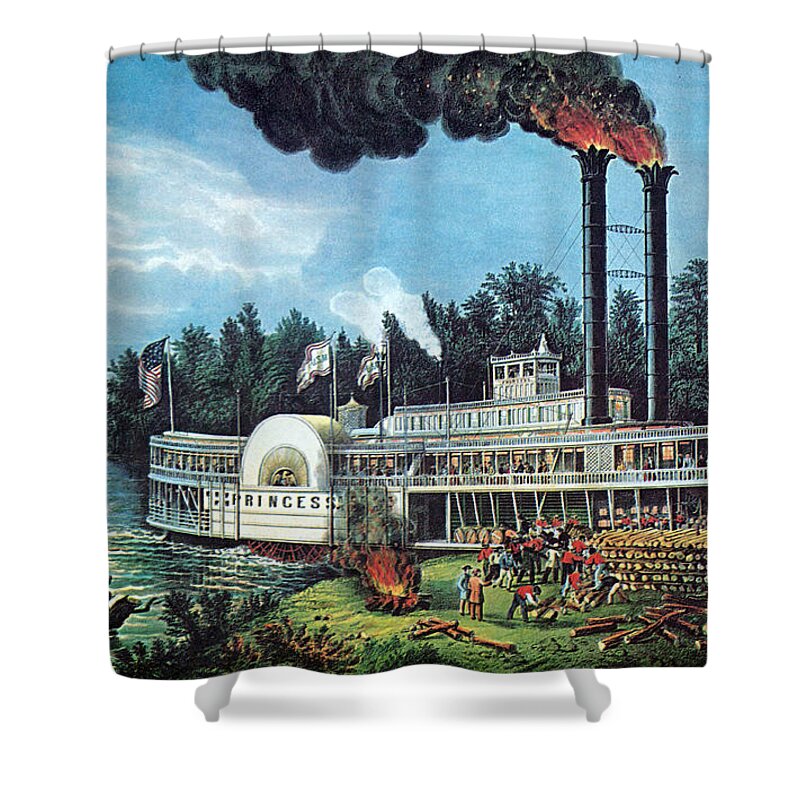 Artwork Shower Curtain featuring the photograph Wooding Up On The Mississippi 1863 by Photo Researchers