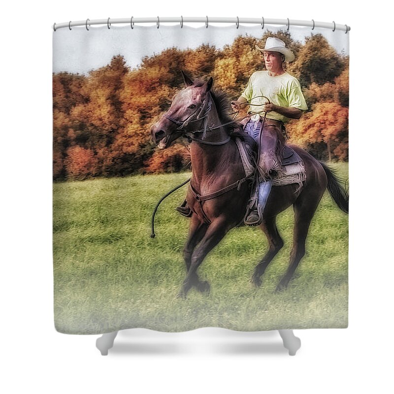 Horse Shower Curtain featuring the photograph Wrangler and Horse by Susan Candelario