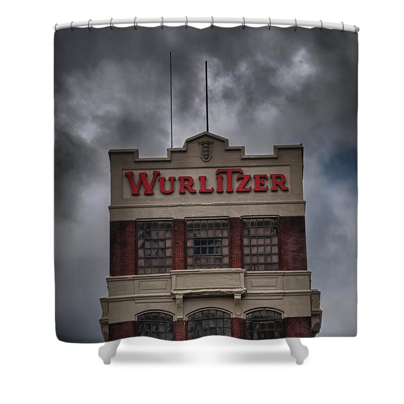 Buildings Shower Curtain featuring the photograph Wurlitzer Tower by Guy Whiteley