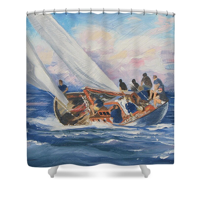 Seascape Boats Italy Shower Curtain featuring the painting Yacht Club by Jay Johnson