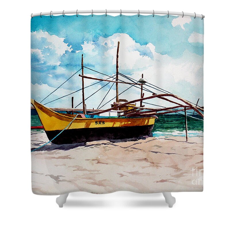 Boat Shower Curtain featuring the painting Yellow Boat Docking on the Shore by Christopher Shellhammer
