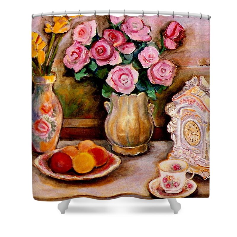 Objets D'art Shower Curtain featuring the painting Yellow Daffodils Red Roses Peaches And Oranges With Tea Cup by Carole Spandau