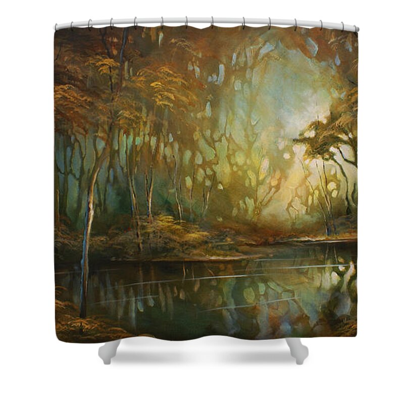 Landscape Shower Curtain featuring the painting ' Eden ' by Michael Lang