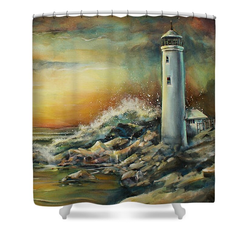 Lighthouse Shower Curtain featuring the painting ' The Point' by Michael Lang