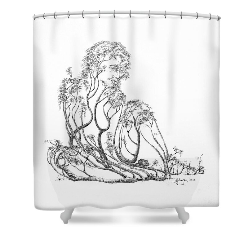 Tree Dancer Shower Curtain featuring the drawing A Little Visit by Mark Johnson