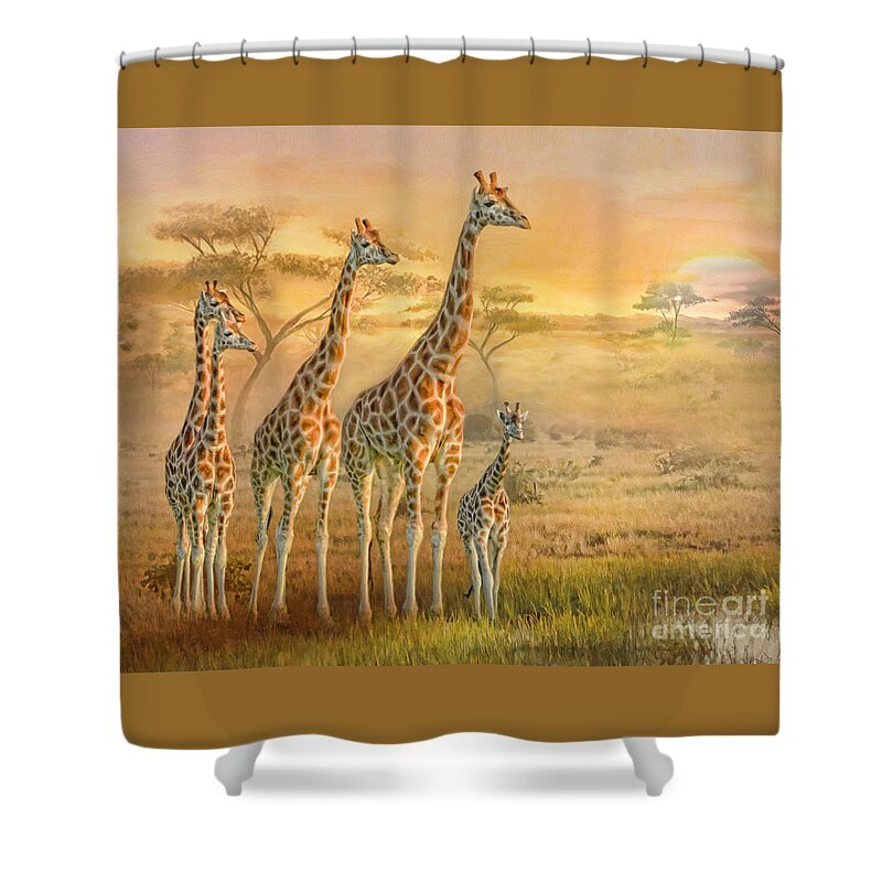 Giraffe Shower Curtain featuring the digital art Giraffe Family by Trudi Simmonds
