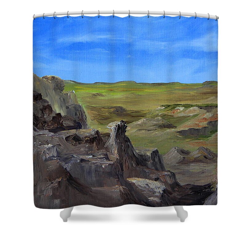 Badlands Shower Curtain featuring the painting Hunters Overlook Badlands South Dakota by Joi Electa