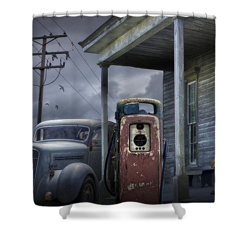 Art Shower Curtain featuring the photograph Man lost in thought by the Vintage Gas Station by Randall Nyhof