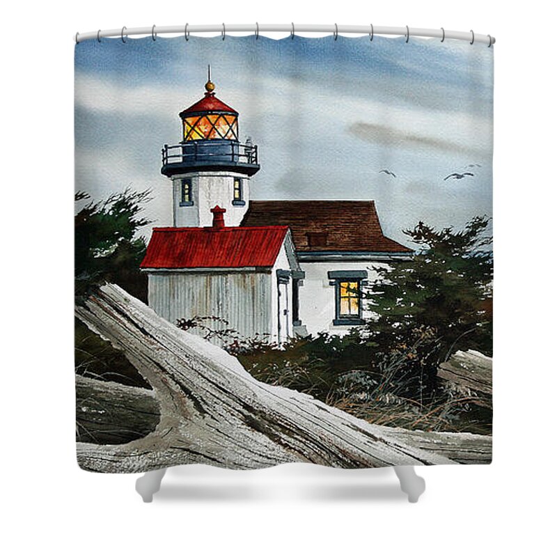 Lighthouse Fine Art Print Shower Curtain featuring the painting Point Robinson Lighthouse and Mt. Rainier by James Williamson