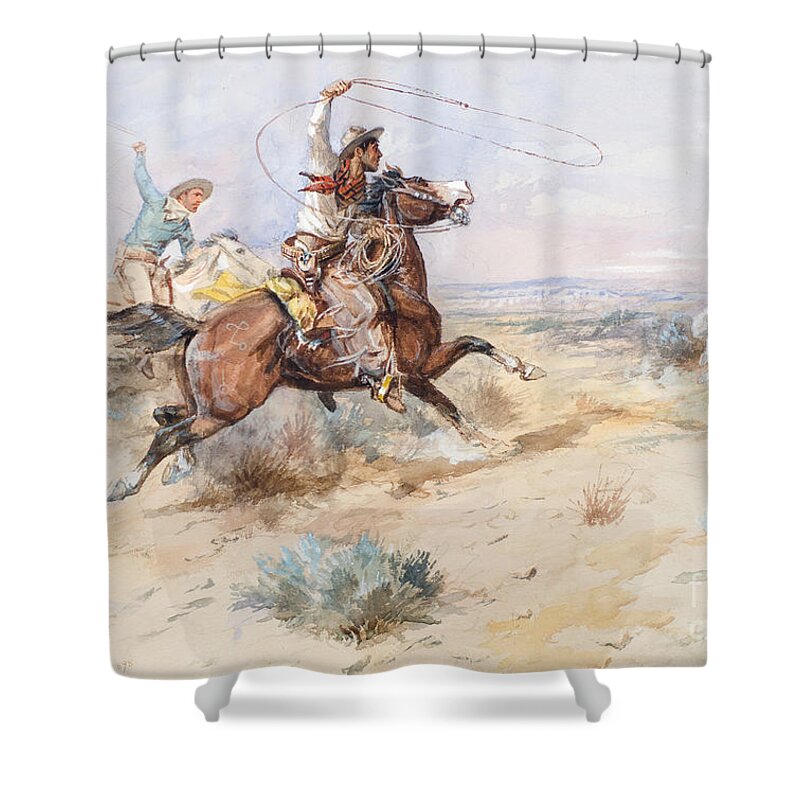 Charles M. Russell (1864-1926) Roping A White Wolf (1898) Shower Curtain featuring the painting Roping a White Wolf by Celestial Images
