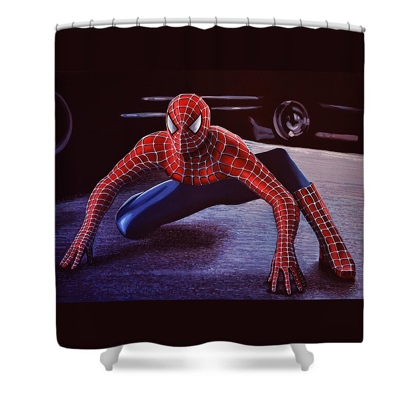 Spiderman Shower Curtain featuring the painting Spiderman 2 by Paul Meijering