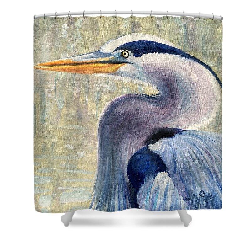  Birds Shower Curtain featuring the painting The Blue Heron by Maggii Sarfaty