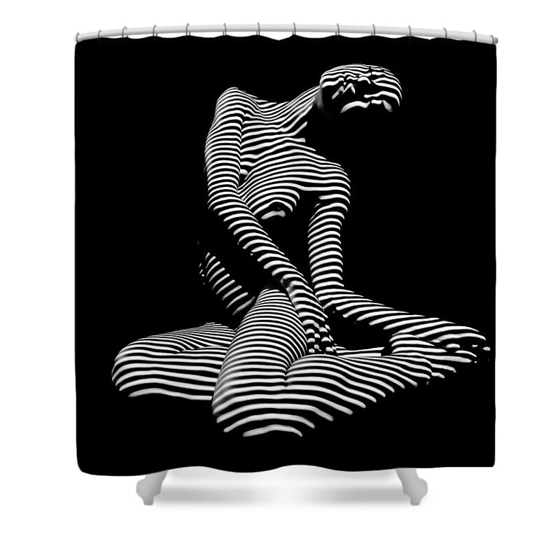 Striped Shower Curtain featuring the photograph 0111-DJA Languid Seated Zebra Woman Black White Striped Abstract Photograph by Chris Maher