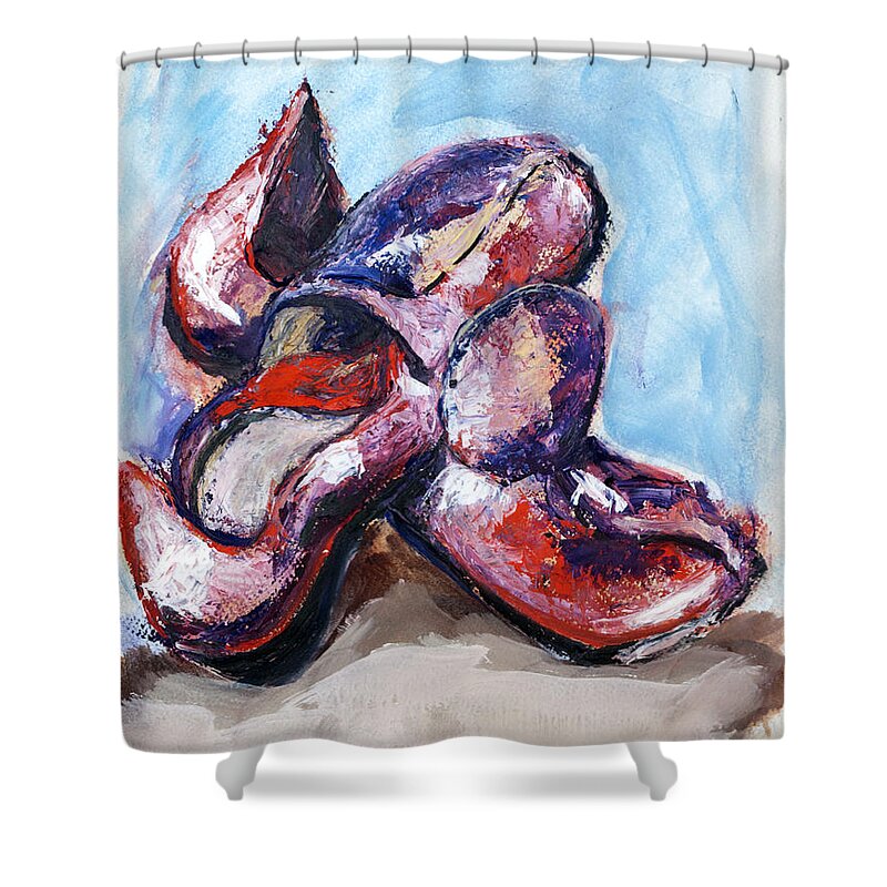  Shower Curtain featuring the painting 01324 Red Shoes by AnneKarin Glass