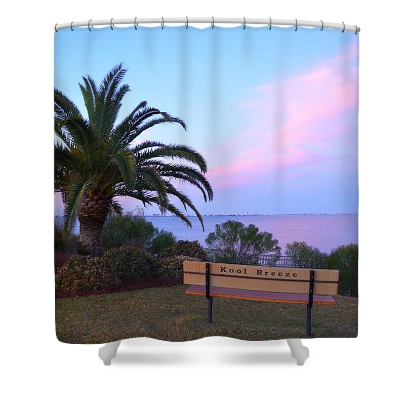 20120224 Shower Curtain featuring the photograph 0224 Kool Breeze Bench at Sunrise on Sound by Jeff at JSJ Photography