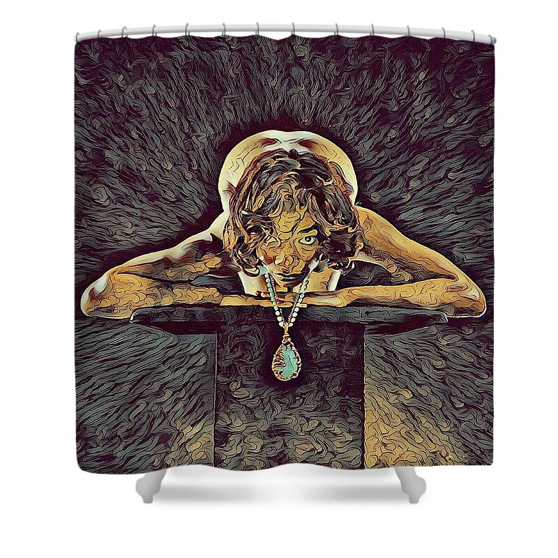 Antonio Bravo Shower Curtain featuring the digital art 0756s-ZAC Nude Woman With Amulet on Tall Pedestal by Chris Maher