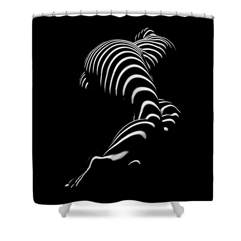 Art Shower Curtain featuring the photograph 0774-AR Zebra Striped Figure of a Large Woman Fine Art Photograph by Chris Maher by Chris Maher